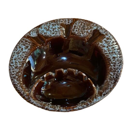 Vintage Mid Century Glazed Ceramic Ashtray. Aqua/brown. 8x8.Bar.Home.Greatcolor! - Picture 1 of 11